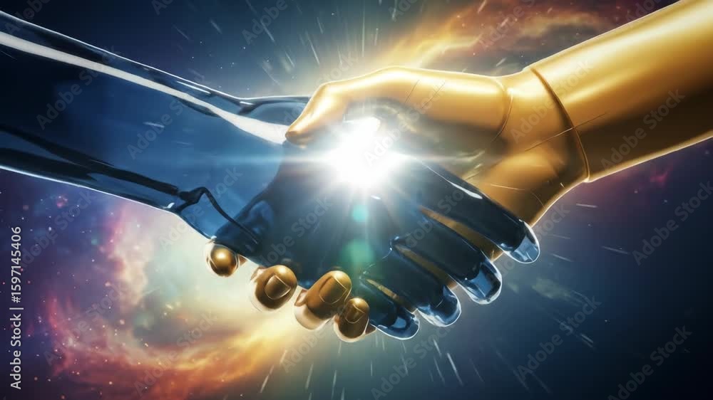 Aufkleber cosmic handshake: unity and collaboration - a dramatic close-up of two robotic hands shaking against