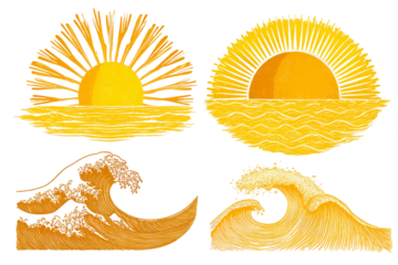 Stylized Suns and Sea Waves Vector Graphics Set with Transparent Background Depicting Summer Ocean Scenes, PNG