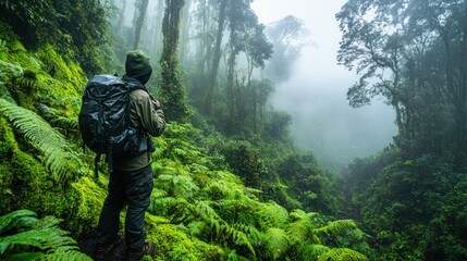A lone hiker pauses on a misty, verdant mountain trail, surrounded by lush rainforest vegetation