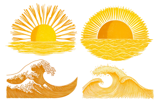 Stylized Suns and Sea Waves Vector Graphics Set with Transparent Background Depicting Summer Ocean Scenes, PNG - Powered by Adobe
