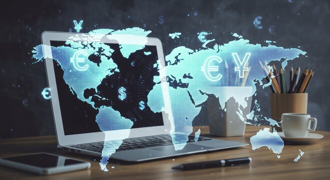 A laptop sits on a desk with a digital world map overlay featuring currency symbols and office items