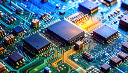Obraz premium Close-up view of a vibrant circuit board with intricate components and glowing connections
