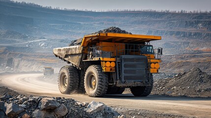 Obraz premium Large Mining Truck Carrying Ore On A Dusty Quarry Road