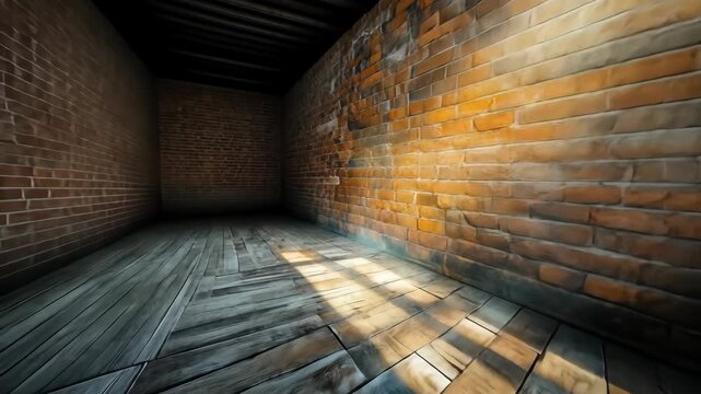 Sunlight streaming through a rustic brick wall in an empty room with wooden flooring