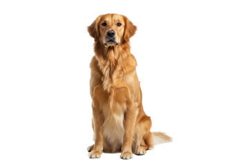 Majestic golden retriever sitting gracefully against a white backdrop, showcasing its beauty