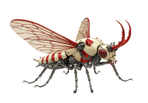 Intricate steampunk beetle with mechanical wings and red accents isolated on transparent background