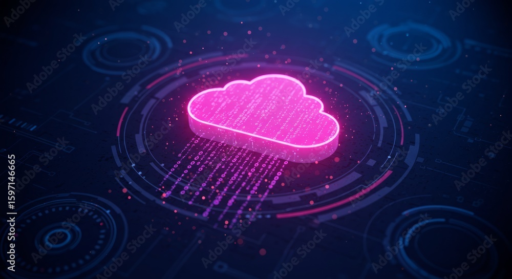 Poster a neon pink cloud icon emitting data streams, surrounded by digital circular interfaces on a dark bl
