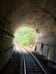 Railway track in the tunnel in the middle of forest in the mountain. Train railroad in the rural...