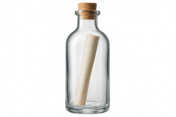 Vintage glass bottle holding rolled parchment, symbolizing maritime mystery and hidden communication against clean background