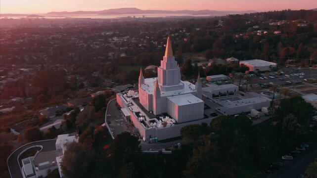 Oakland California Temple of the Church of Jesus Christ of Latter-day Saints at sunset. The temple is a place of worship and religious significance. Oakland, California, USA. 