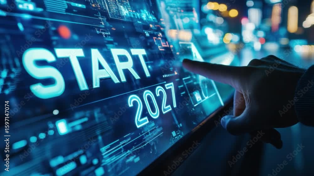 Aufkleber hand touching digital display with start year and futuristic graphics