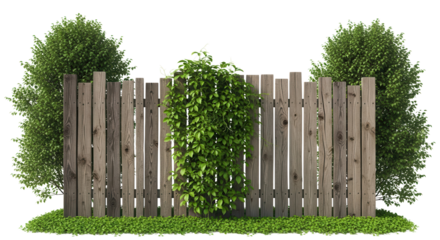 Wooden fence with green plants on white background