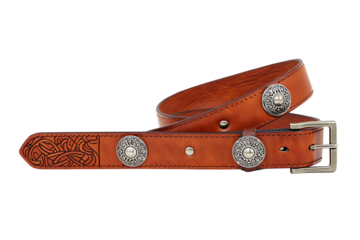 Ornate brown leather belt adorned with intricate Celtic knot patterns and antique silver conchos