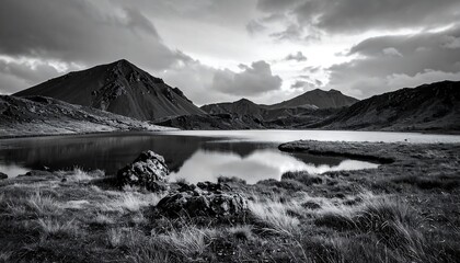 Monochrome mountain lake scene