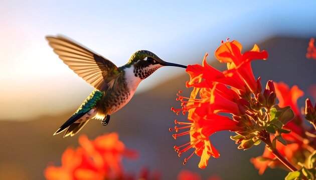Hummingbird in flight, feeding on vibrant orange blossoms.  Sunrise or sunset light - Powered by Adobe