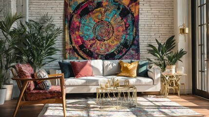 Colorful boho living room interior design