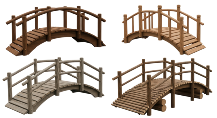 Four different wooden garden bridges isolated on white