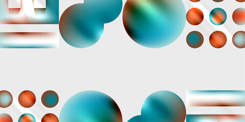 Abstract shapes, circles, lines present soft gradients. Teal, orange hues dominate composition. Minimalist design, modern aesthetic.