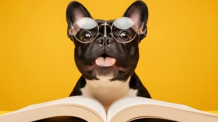 Funny French Bulldog in Round Glasses Reading a Book