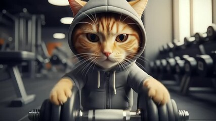 Funny Orange Cat in Gray Hoodie Weightlifting at the Gym