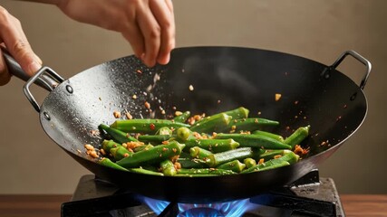 Stir-frying Okra in a Wok - A chef's hands add seasoning to a wok filled with sizzling okra, garlic, and chili flakes. The vibrant green okra is cooking over a blue gas flame. - Powered by Adobe