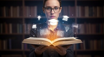 A person holds a glowing open book, illuminated with digital illustrations of learning and knowledge-related icons, in front of a library
