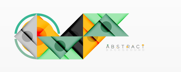 Geometric shapes overlap, creating modern design. Orange, green, gray colors dominate composition. Minimalist aesthetic, clean lines present.