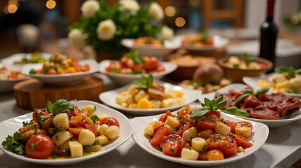 An abundant feast of Italian gnocchi and Caprese salad served on white plates for a dinner party.