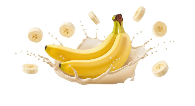 Bananas with milk splash and flying banana slices isolated PNG with Transparent Background