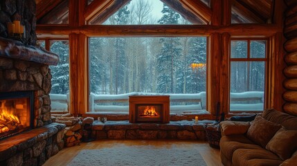 Cozy cabin interior with fireplaces and snowy forest view