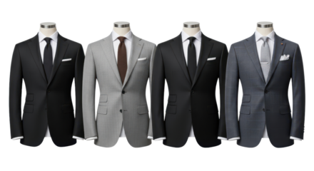 Four business suits with ties and pocket squares on mannequins isolated on white