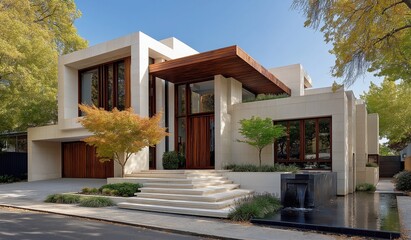 Fototapeta premium Modern minimalist house with white stucco walls, large windows, and wooden accents featuring decorative water features in urban setting at midday