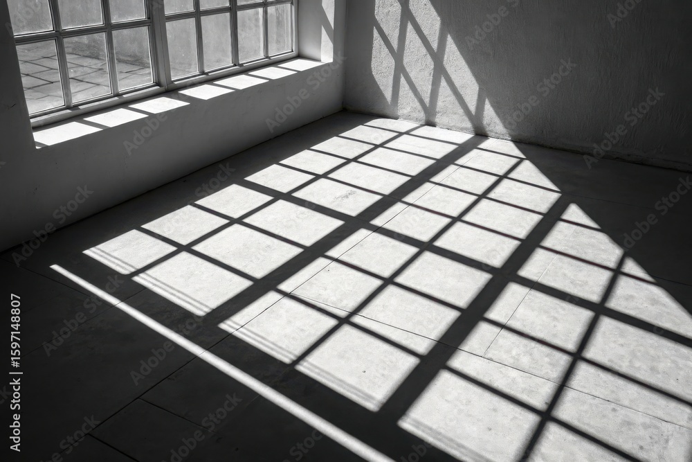 Poster sunlight streams through gridded window casting geometric shadows