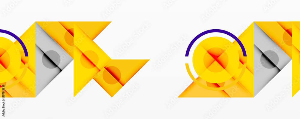Poster abstract geometric shapes, yellow, gray, purple. circles overlap triangles creating dynamic visual p