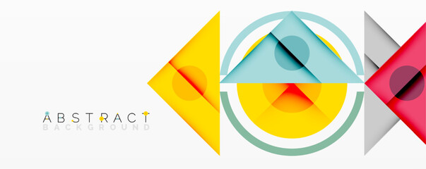 Geometric shapes overlap, creating modern design. Yellow, blue, red, gray tones dominate composition. Minimalist aesthetic.