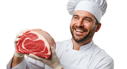 Chef holding a raw ribeye roast on white background