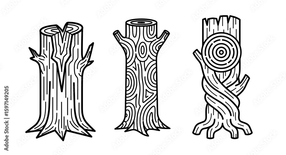 Poster three stylized tree trunks with unique wood grain patterns and branch formations isolated drawing