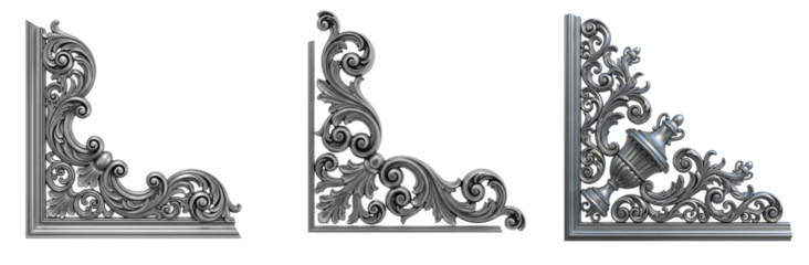 Variety of Isolated Silver Rococo and Baroque Corner Embellishments, Showcasing Elaborate Scrolls and Urn Designs, Perfect for Elegant and Historical Themed Creations