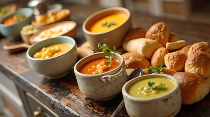 A comforting spread of assorted creamy soups and freshly baked bread rolls, artfully arranged on a rustic wooden surface, inviting a warm and delicious meal.