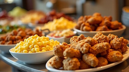 Assorted fried food items and sides displayed on a buffet table
