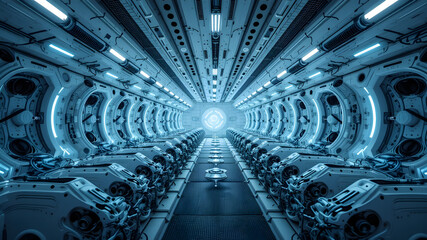 Cryogenic Vault with Futuristic Stasis Pod Rows in Soft White & Blue Glow