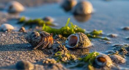 Hermit Crab Exploring Sandy Ocean Shoreline at Sunrise