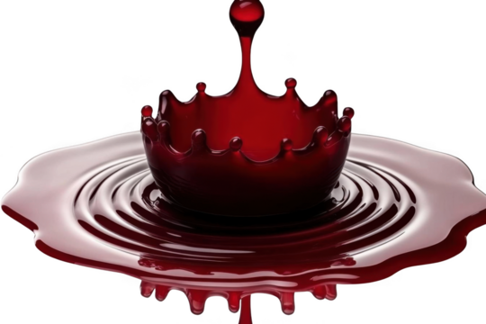 Red liquid drop with ripple effect, close-up dark liquid concept.