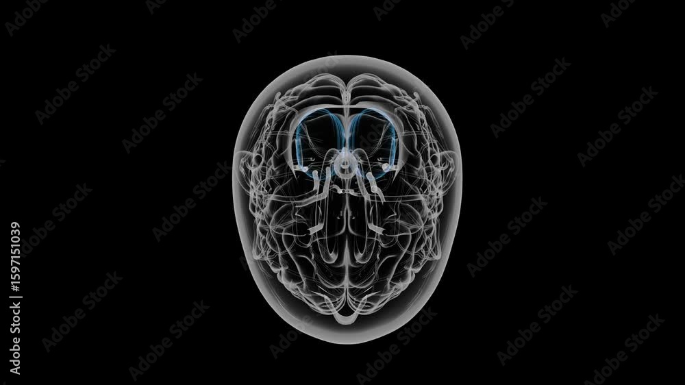 Poster futuristic blue neural brain x-ray with intricate symmetric patterns