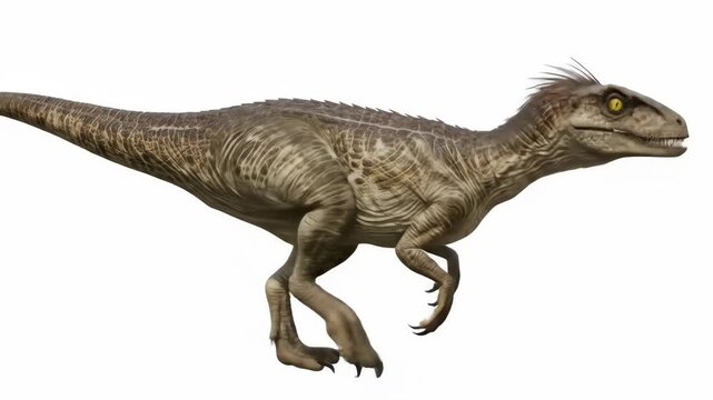Juvenile Velociraptor Running Isolated on White - A digitally video juvenile velociraptor is shown running across a white background.