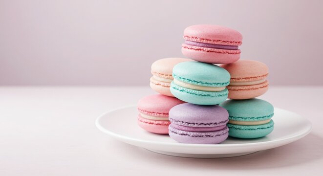 A stack of colorful macarons on a white plate against a pastel background