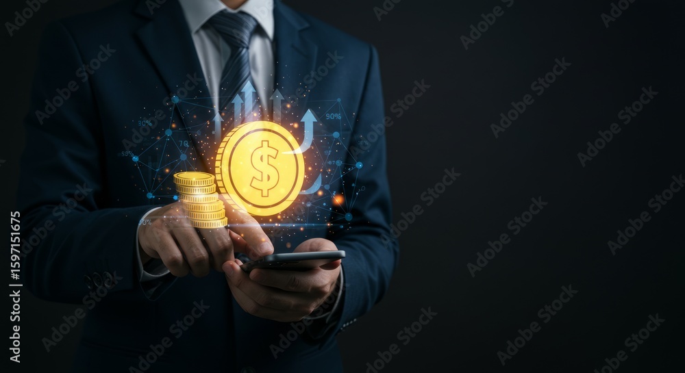 Poster a person in a suit uses a smartphone to interact with a digital representation of a coin and rising 