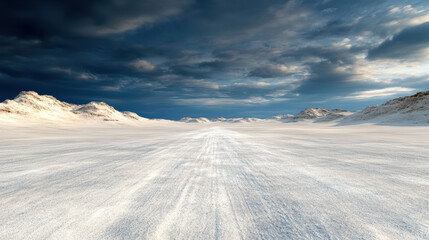 Vast, desolate landscape stretches dramatic sky, featuring snow covered terrain and distant