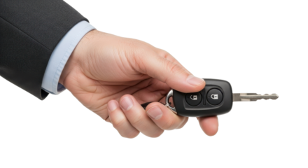 Hand holding car keys on white background