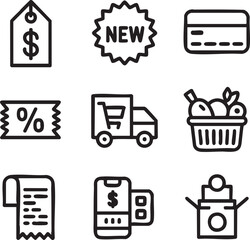 A set of shopping icons isolated on white background illustrates online retail, delivery services, and various payment options